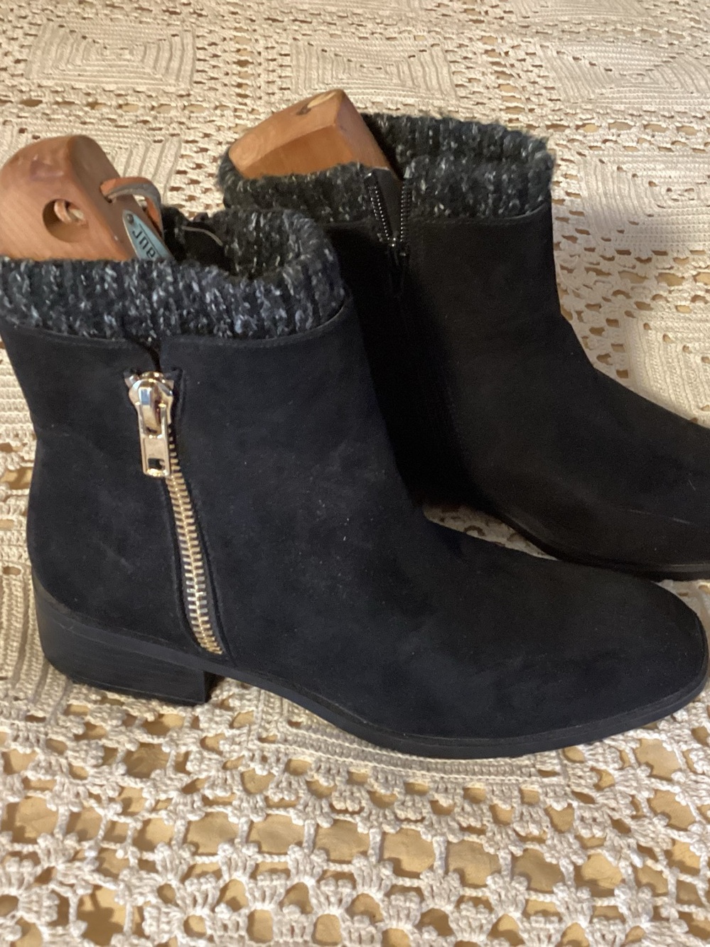 Shoe Dazzle Black Suede Ankle Booties with Knit Cuff and Side Zip